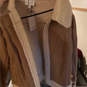 Sugarlips Tan Vegan Leather Jacket with Sherpa Lining